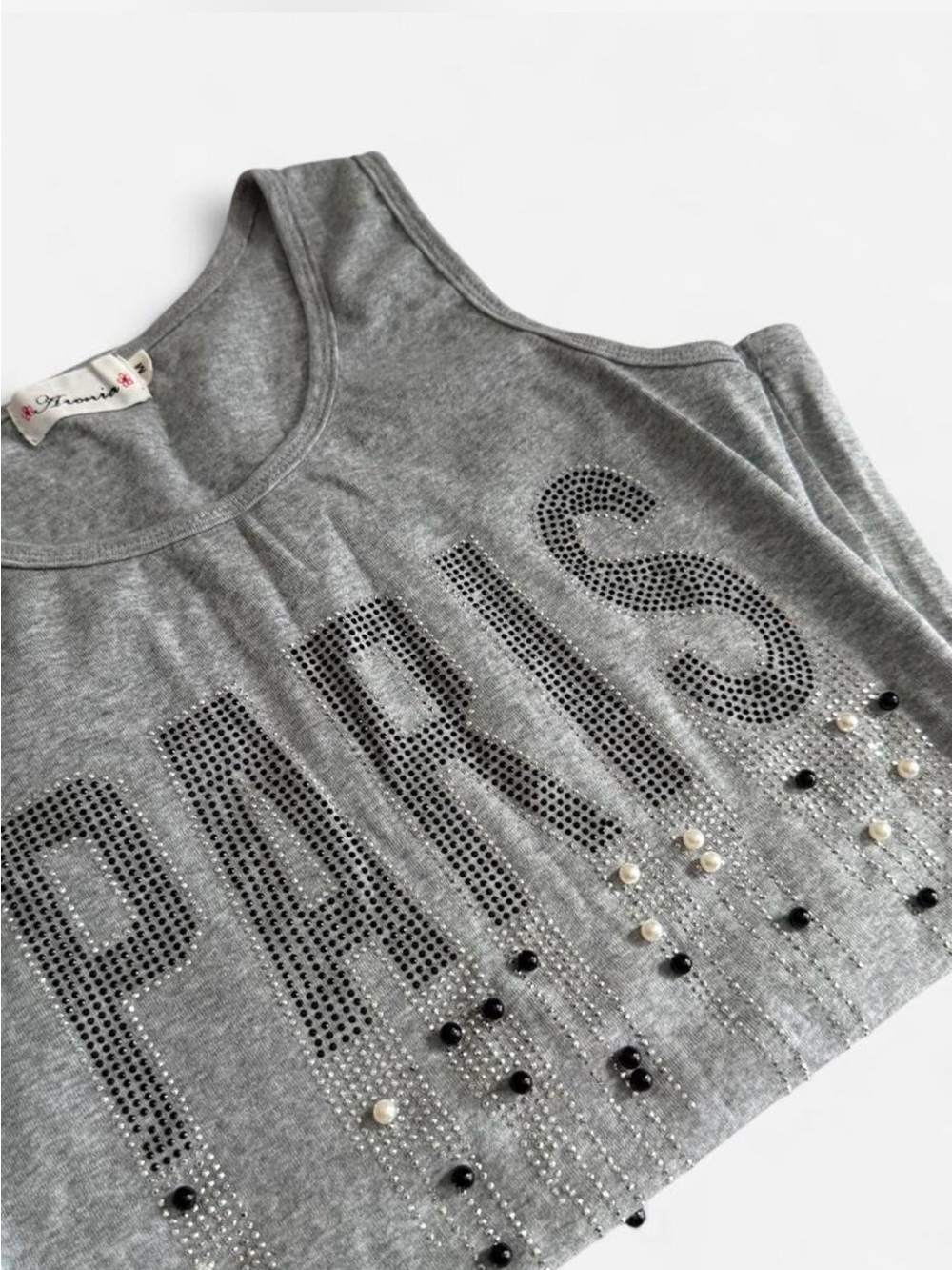 Aronia Women’s Gray Sleeveless Tank Top Paris Graphic Rhinestone Beaded M y2k